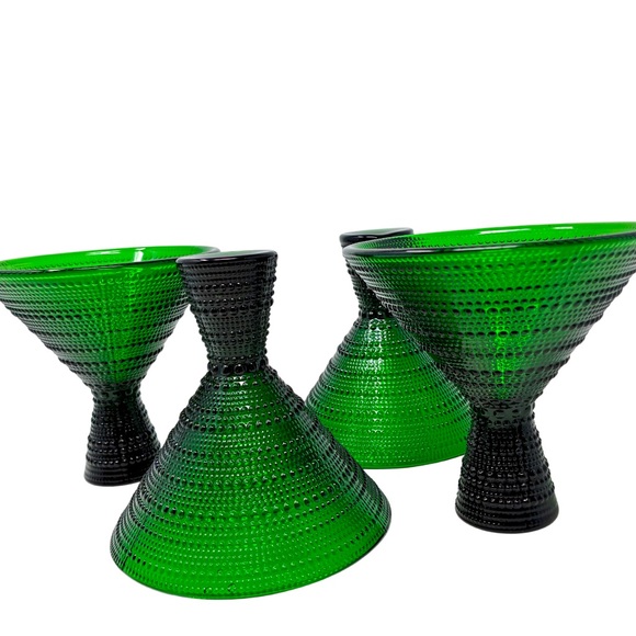 SET OF 4 VINTAGE-STYLE EMERALD GREEN  BEADED HOBNAIL FOOTED MARTINI GLASSES - Picture 3 of 9